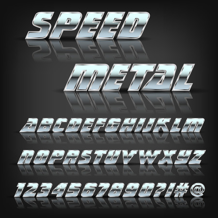 Metal alphabet and symbols with reflection and shadow. Font for design.のイラスト素材