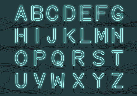 Cyan neon light bulbs custom font with electricity wires connected. Handcrafted alphabet for design.のイラスト素材