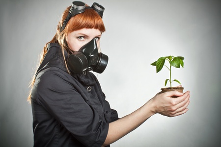 Redhead girl posing with plant over grayの写真素材