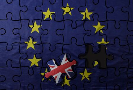 Brexit concept. Illustration of puzzle from EU flag with puzzle piece with Great Britain flag.