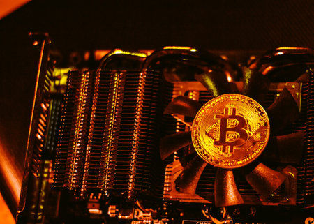 Bitcoin on graphic videcard in neon lightsの写真素材