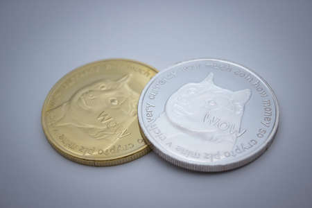 Silver and golden dogecoins  over white backgrounds