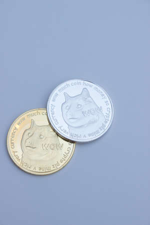 Silver and golden dogecoins over white backgroundの写真素材