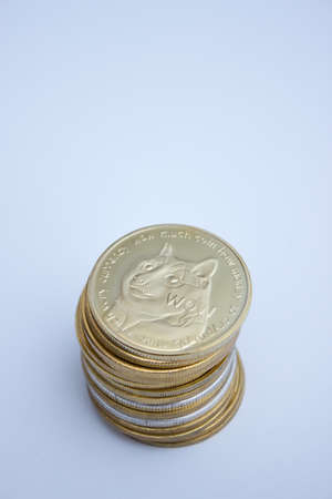 Stack of dogecoins over white backgrounfの写真素材