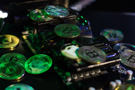 Pile of cryptocurrencies on videocard in neon light