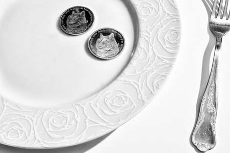 Two dogecoins in plate and fork over white backgroundの写真素材