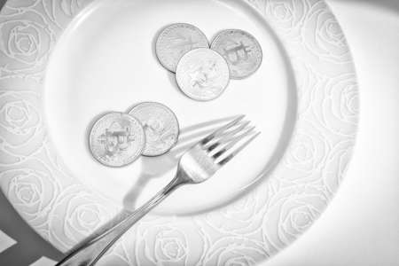 BItcoins and fork in plate over white background