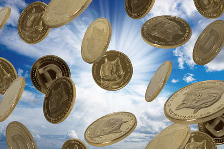 A lot of falling dogecoins over beautiful blue skyの写真素材