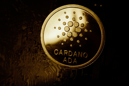 Closeup shot of cardano coin over motherboard