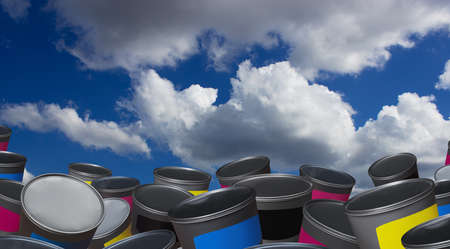 A lot of cans of paint over skyの写真素材