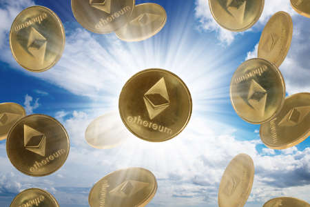 Ethereum coins over blue sky