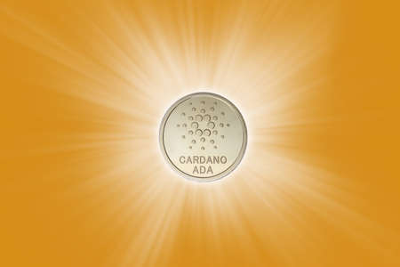 Cardano coin over yellow backgroundの写真素材