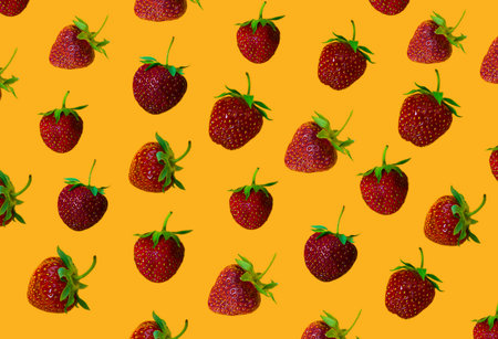 A lot of strawberries over yellow backgroundの写真素材