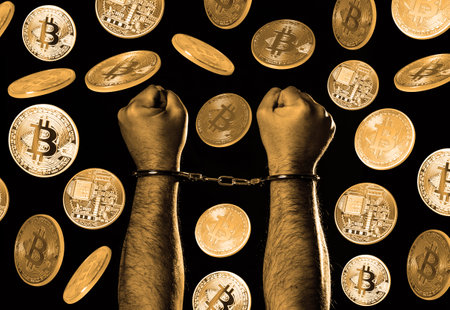 Bitcoins and male hands in handcuffs over dark backgroundの写真素材