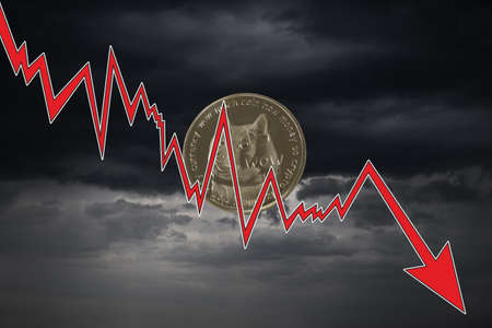 One dogecoin over dramatic skyの写真素材