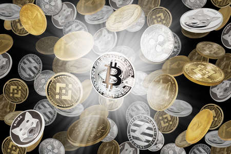 Falling cryptocurrencies (bitcoins, dogecoins, shiba coins, binance coins and other) over black background. Cryptocurrency concept.の写真素材
