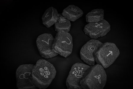 Wicca divination runes over black backgroundの写真素材
