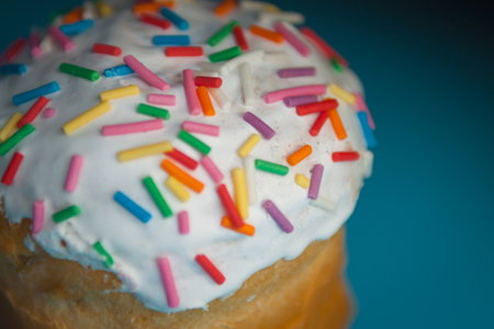 Close-up shot of easter cake over blue backgroundの写真素材