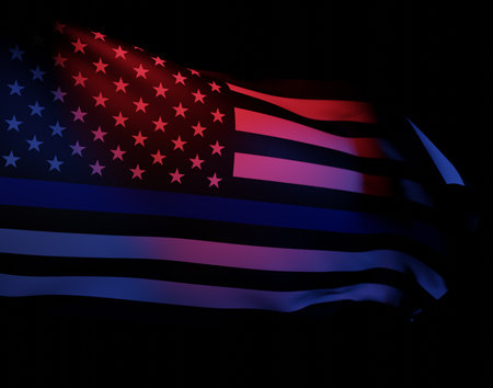 American flag with police support symbol Thin Blue Line over dark background. 3d illustration.の写真素材