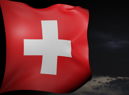 Waving national Switzerland flag over dramatic sky. 3d illustration.の写真素材