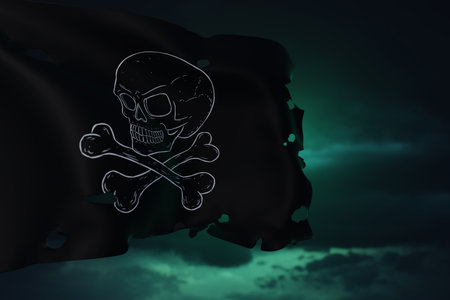 3d render illustration of pirate flag with skull and bones over dramatic sky.の写真素材