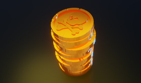 3d render illustration of stacks of golden coins with skull and bones.の写真素材