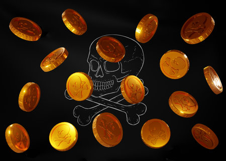 3d render illustration of pirate flag with skull and bones and a lot of golden coins.の写真素材