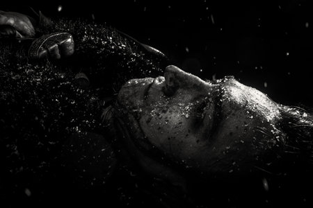 Dead northern warrior laying in snow.の写真素材