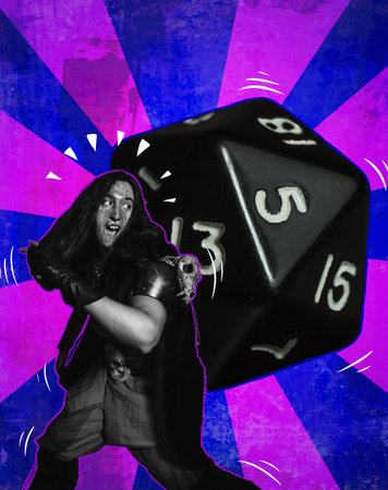 Warrior running away from gigantic d20.