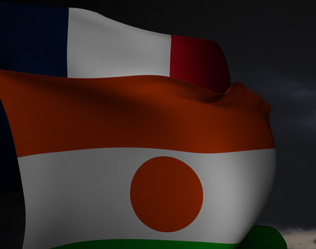 3d illustration of France and Niger flags waving over dramatic sky.の写真素材
