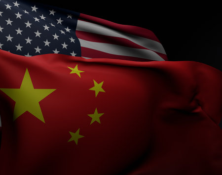 Flags of People's Republic of China and United States of America. 3d render illustration.の写真素材