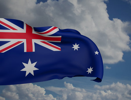 Waving Australian flag over blue sky. 3d rendering illustration.の写真素材