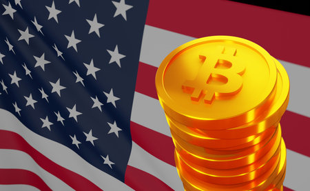 3d render of waving USA flag and stack of bitcoins.の写真素材