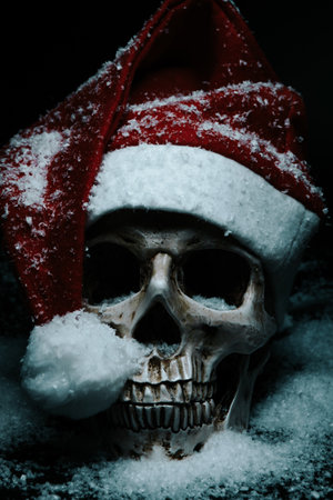 Santa skull in snow over dark background.の写真素材