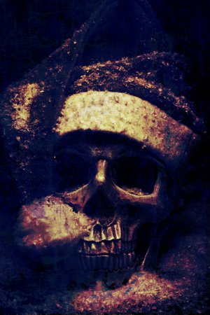 Santa skull in snow over dark background.の写真素材