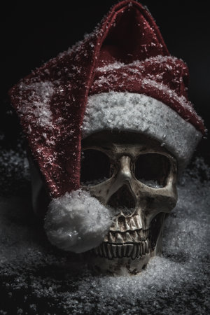 Santa skull in snow over dark background.の写真素材