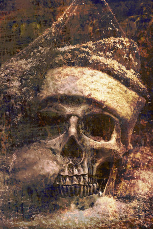 Santa skull in snow over dark background.の写真素材