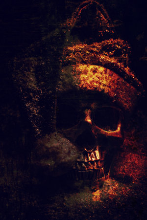 Santa skull in snow over dark background.の写真素材
