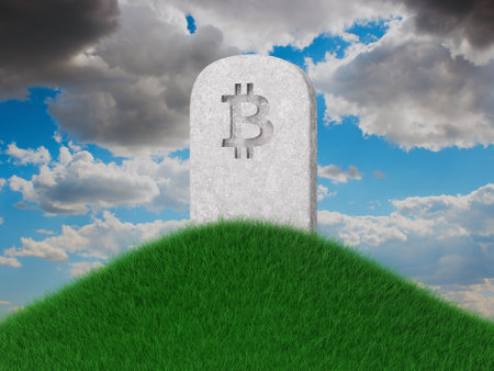 3d illustration of tombstone with bitcoin symbol on a hill over blue sky.の写真素材