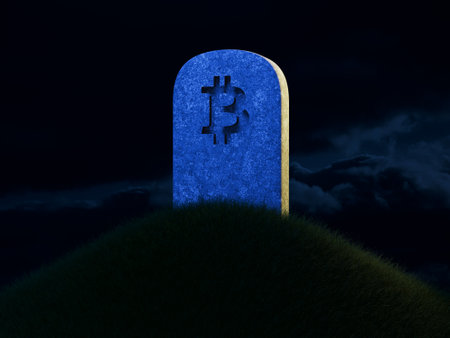 3d illustration of tombstone with bitcoin symbol on a hill over dramatic sky.の写真素材