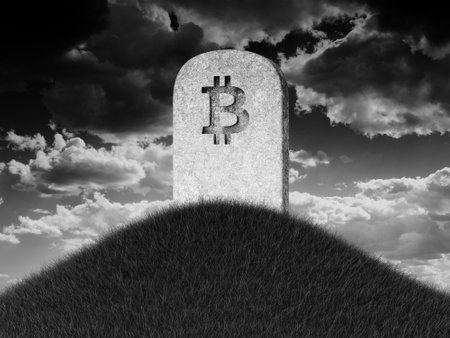 3d illustration of tombstone with bitcoin symbol on a hill.の写真素材