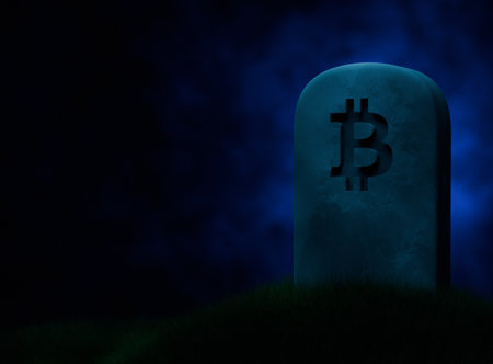 3d illustration of tombstone with bitcoin symbol on a hill over dark backgroundの写真素材