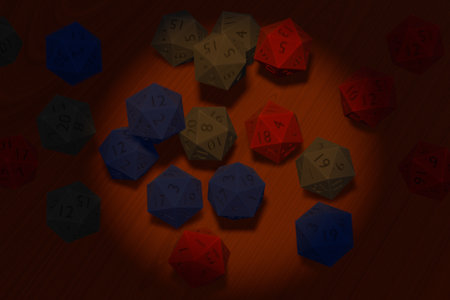 Twenty sided dice of different colors over wooden table. 3d illustration.