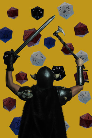 Brutal warrior posing over scattering d20 dice.