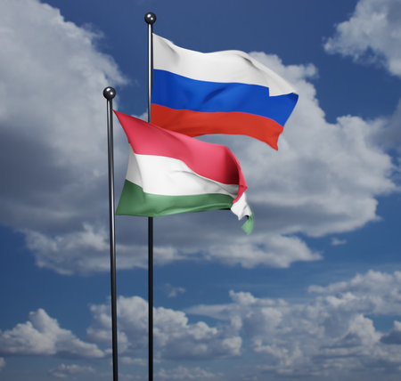 Flags of Russia and Hungary over blue sky. 3d illustration.の写真素材