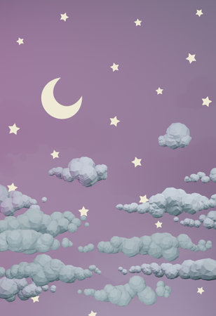 Illustration of night sky with clouds, stars and crescent.の写真素材