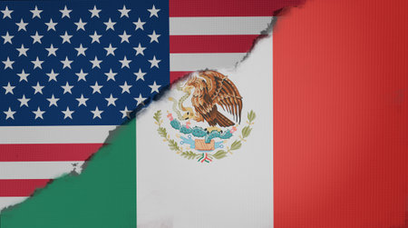 Close-up of Mexican and USA flags. 3d illustration.の写真素材
