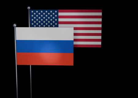 3d illustration of waving flags of Russian Federation and United States of America.の写真素材