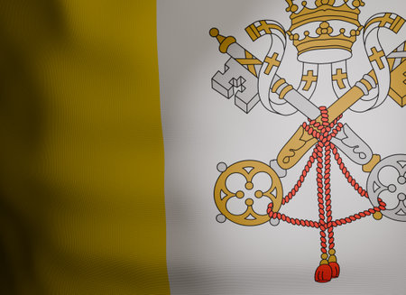Highly detailed 3D close-up render of the Vatican City flag, showcasing realistic fabric texture and intricate emblem design. Rendered in Blender, this image captures the yellow and white vertical bands along with the Papal Tiara and crossed keys in sharp detail. Ideal for use in religious, historical, political, or educational contexts related to the Vatican or the Catholic Church.の写真素材