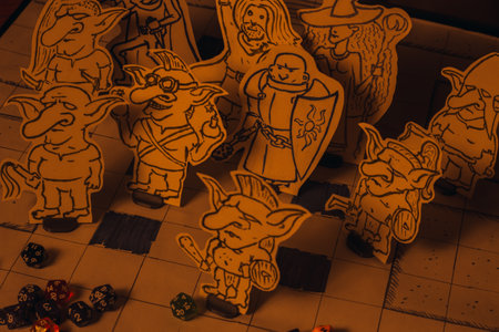 Hand-drawn fantasy tabletop role-playing game scene with paper miniatures of goblins and...